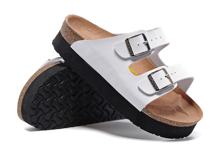 Birkenstock Two-Button White Matte Leather Thick Black Sole Slippers