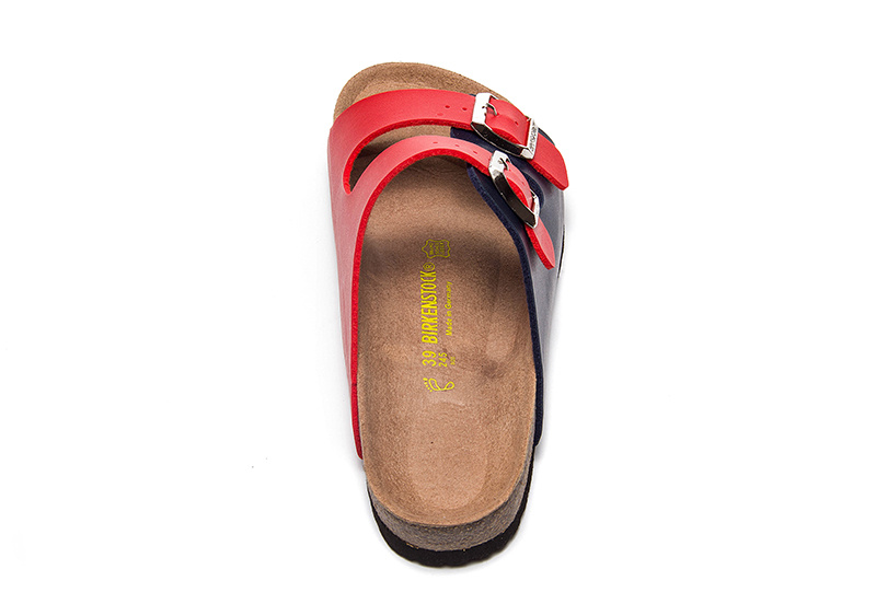 Birkenstock Two-Button Red And Black Matte Leather Slippers