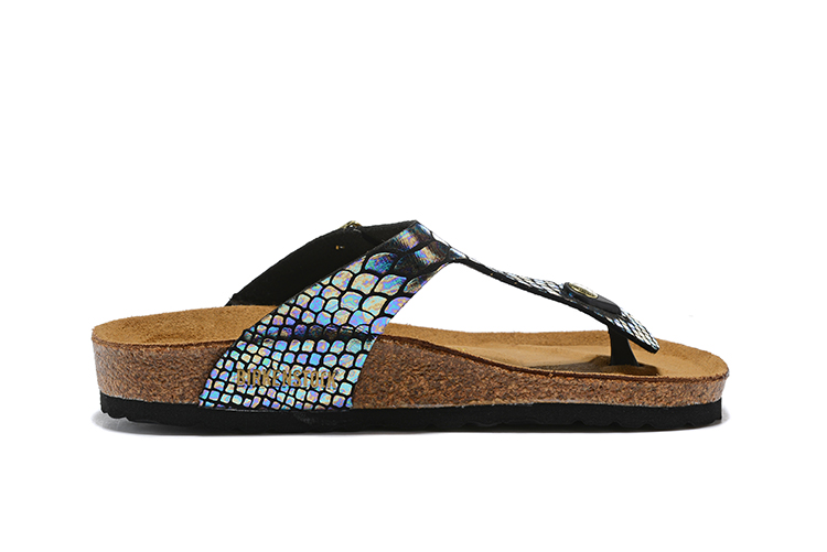 Birkenstock Black Snakeskin Reflective Flip Flops Leather Sandals