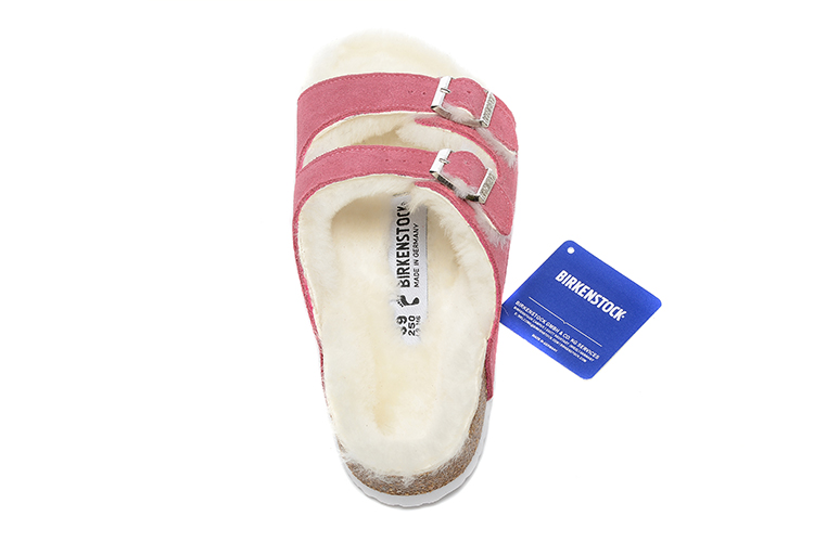 Birkenstock Two-Button Pink Scrub Leather White Fur Lining Slippers