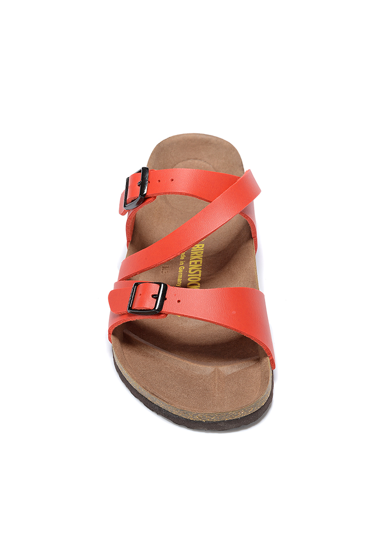 Birkenstock Two-Button Red Matte Leather Intersect Black Sole Slippers