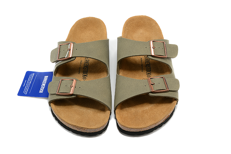 Birkenstock Two-Button Gray Green Scrub Leather Slippers