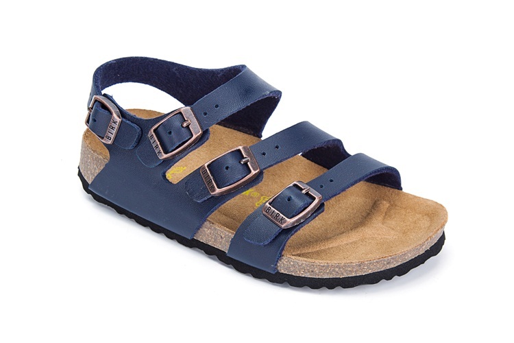 Birkenstock Ellice Three-Button Blue Matte Leather Strappy Sandals