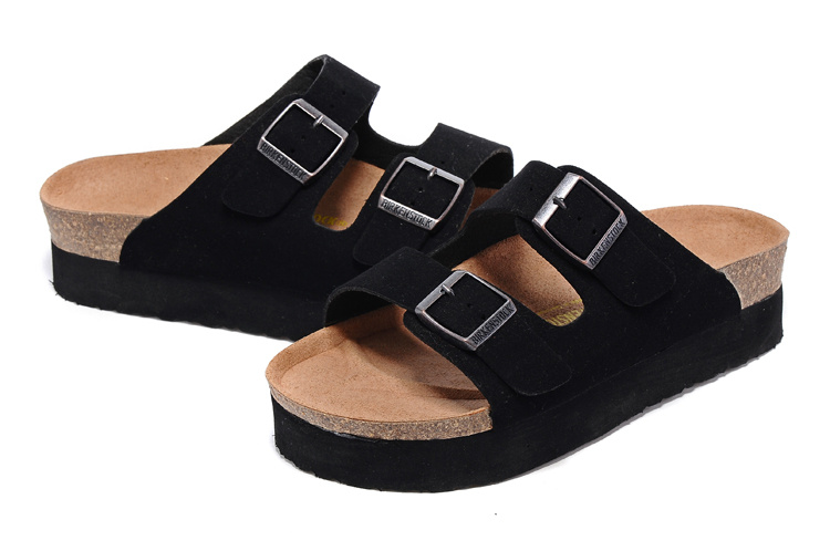 Birkenstock Two-Button Black Suede Leather Thick black Sole Slippers