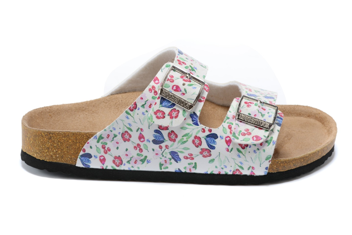 Birkenstock Two-Button White Floral Matte Leather Slippers
