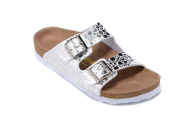 Birkenstock Two-Button Silver Metal Stone Matte Leather Slippers