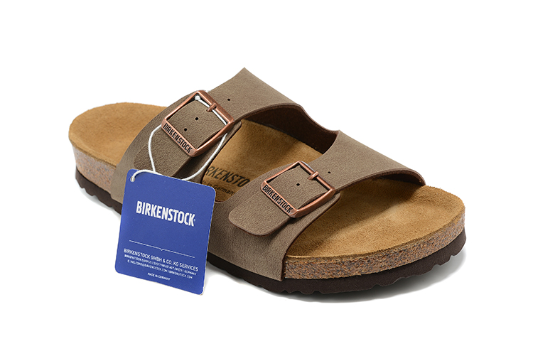 Birkenstock Two-Button Light Brown Scrub Leather Slippers