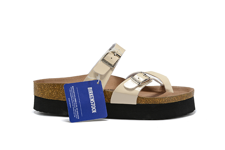 Birkenstock Two-Button Ringfinger Cream Patent Leather Thick Black Sole Slippers