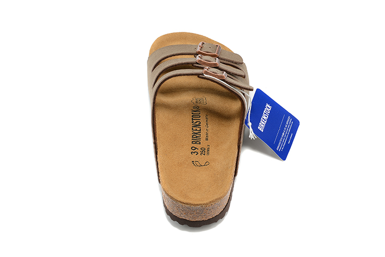 Birkenstock Three-Button Brown Scrub Leather Sandals