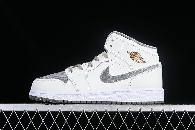 Nike Air Jordan 1 Mid SE GS Metallic Gold Grey White Sneakers