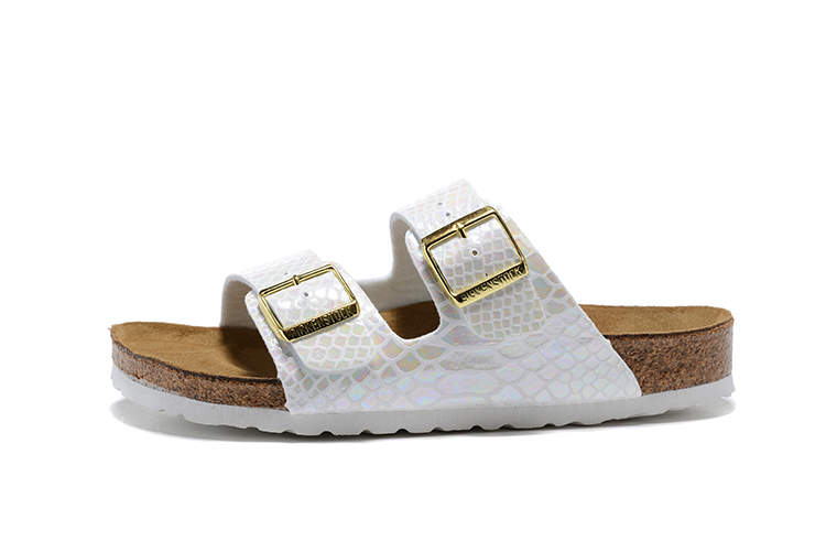 Birkenstock White Snakeskin Double Buckle Leather Sandals