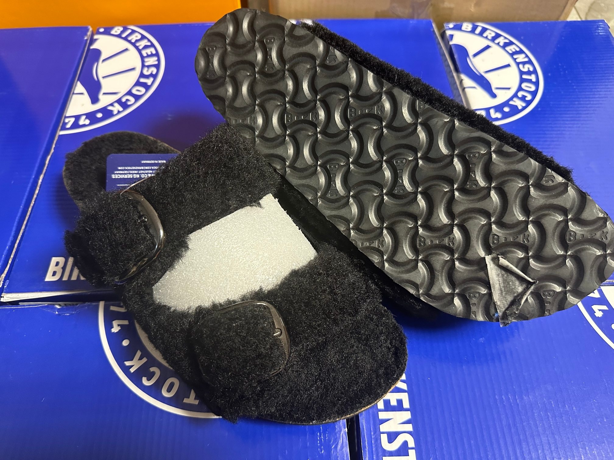 Birkenstock Two-Button Pure Black Wool Slippers