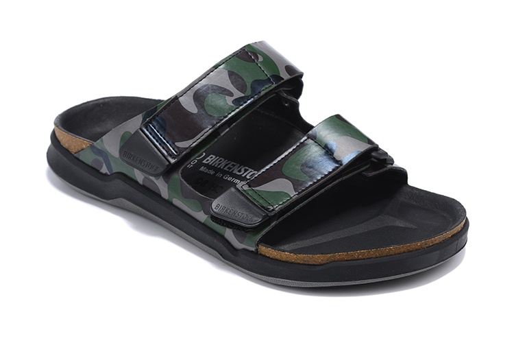 Birkenstock Green Camouflage Velcro Matte Leather Slippers