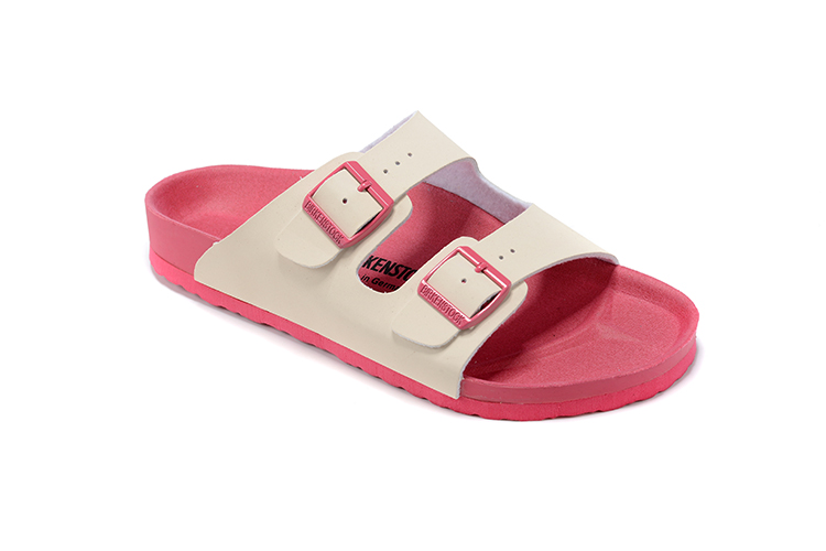Birkenstock Two-Button White Matte Leather Pink Sole Slippers