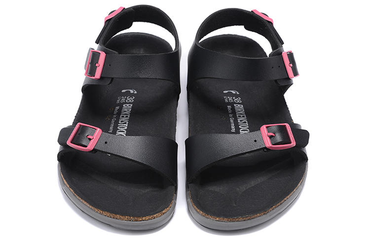 Birkenstock Single Button Pink Button Black Leather Sandals