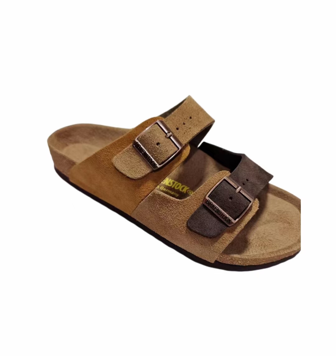 Birkenstock Two-Button Dark Brown/Brown Scrub Leather Slippers