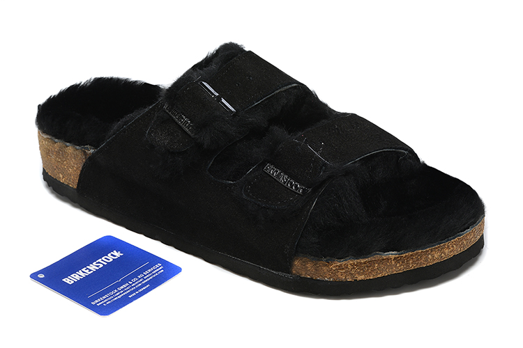 Birkenstock Two-Button Black Scrub Leather Black Fur Lining Slippers