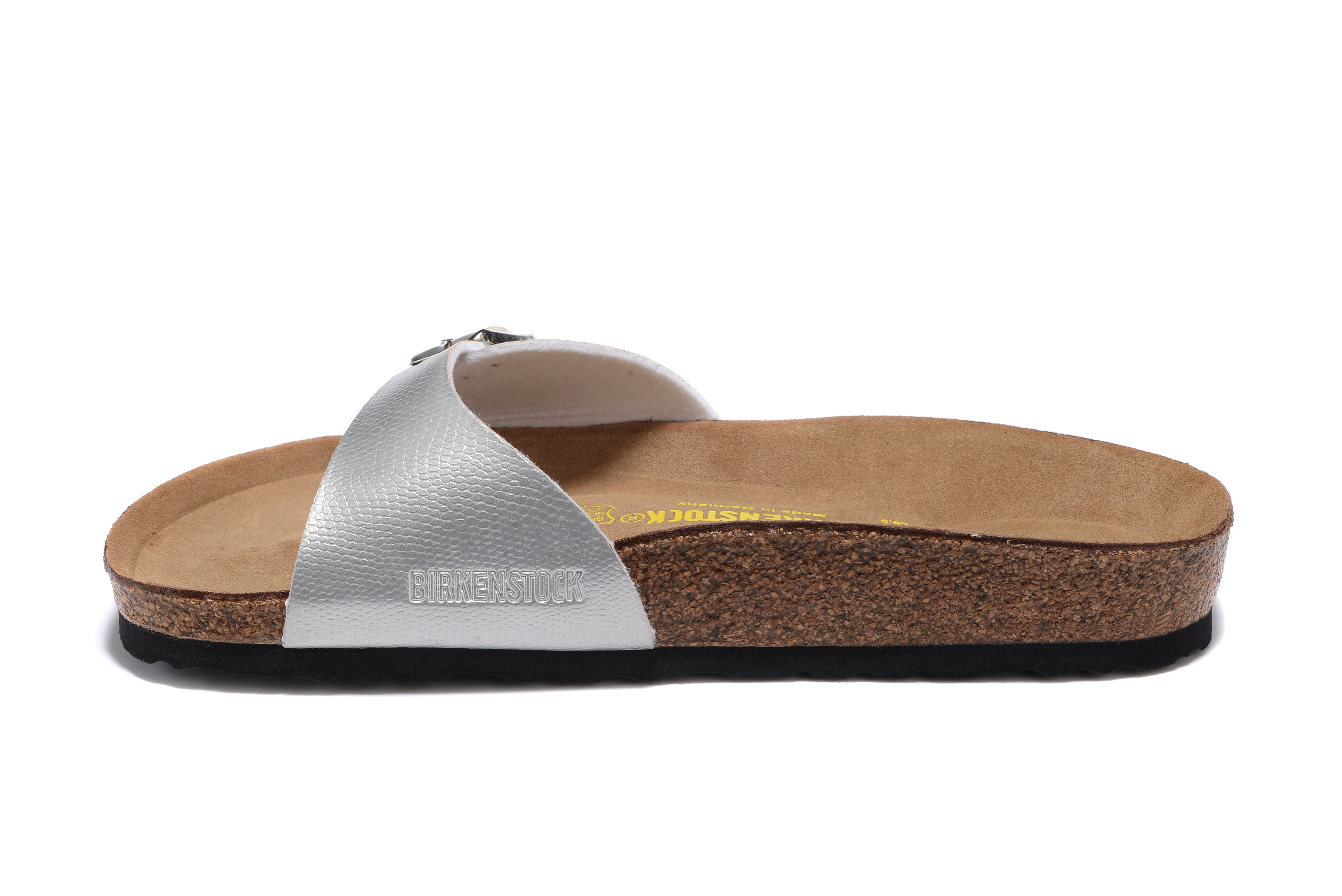 Birkenstock Madrid Silver Snakeskin Single Strap Slide Sandals