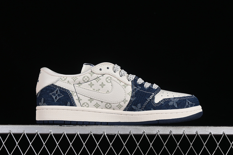 Nike Air Jordan 1 Low Travis Scott Fragment Design OG SP Louis Vuitton White Denim Blue Sneakers