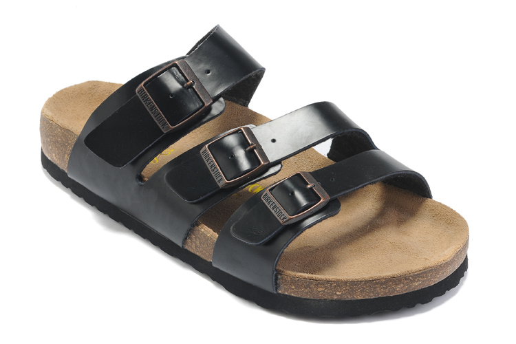 Birkenstock Three-Button Black Matte Leather Casual Sandals