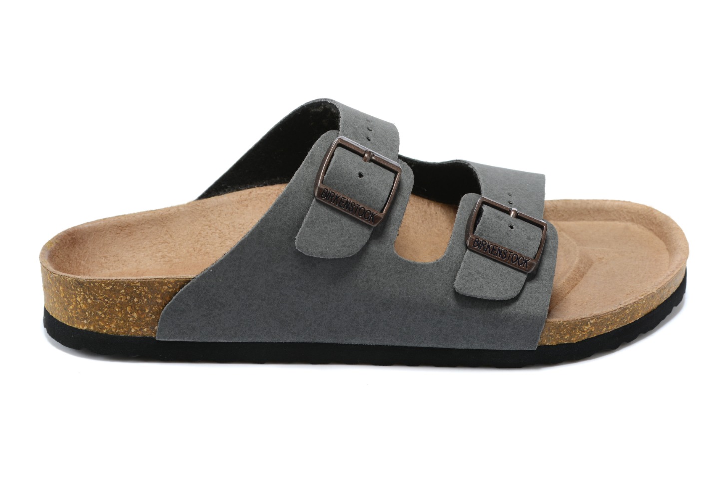 Birkenstock Two-Button Gray Scrub Leather Slippers