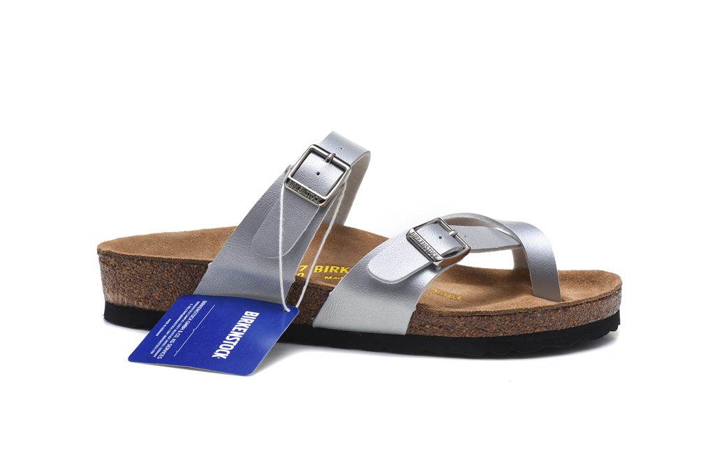 Birkenstock Two-Button Silver Ringfinger Matte Leather Slippers