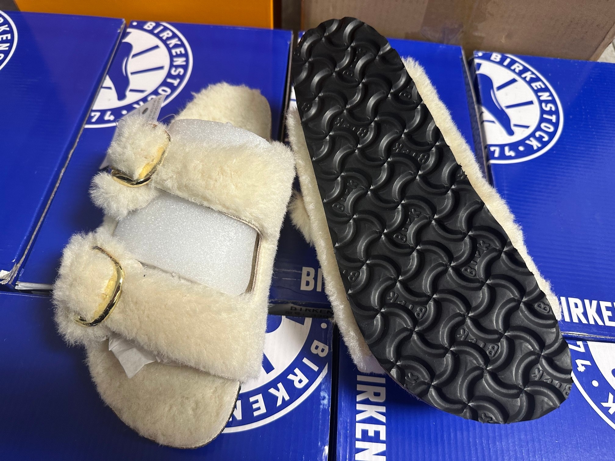 Birkenstock Two-Button Pure White Wool Slippers