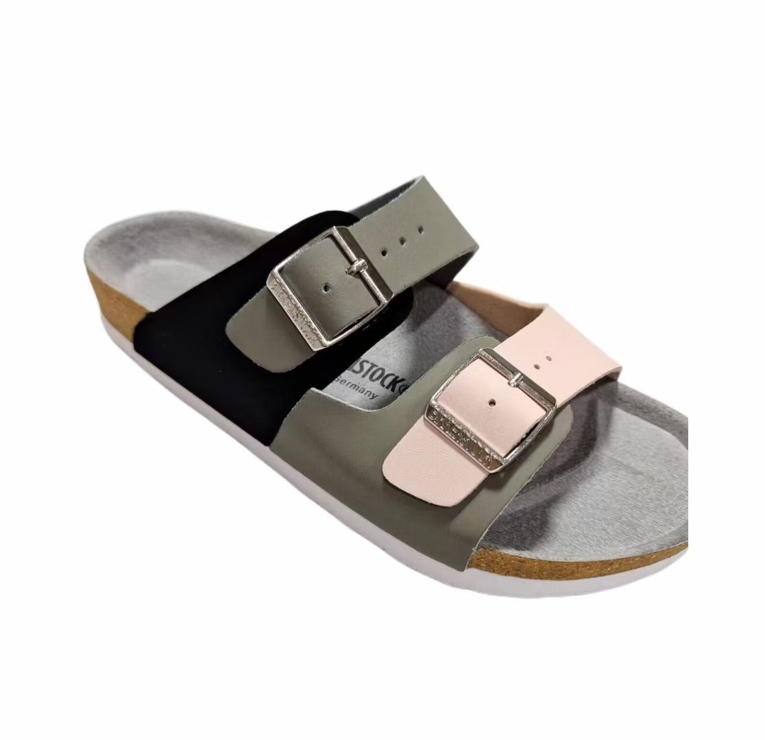 Birkenstock Two-Button Grey Powder Dual Color Scrub Leather Slippers