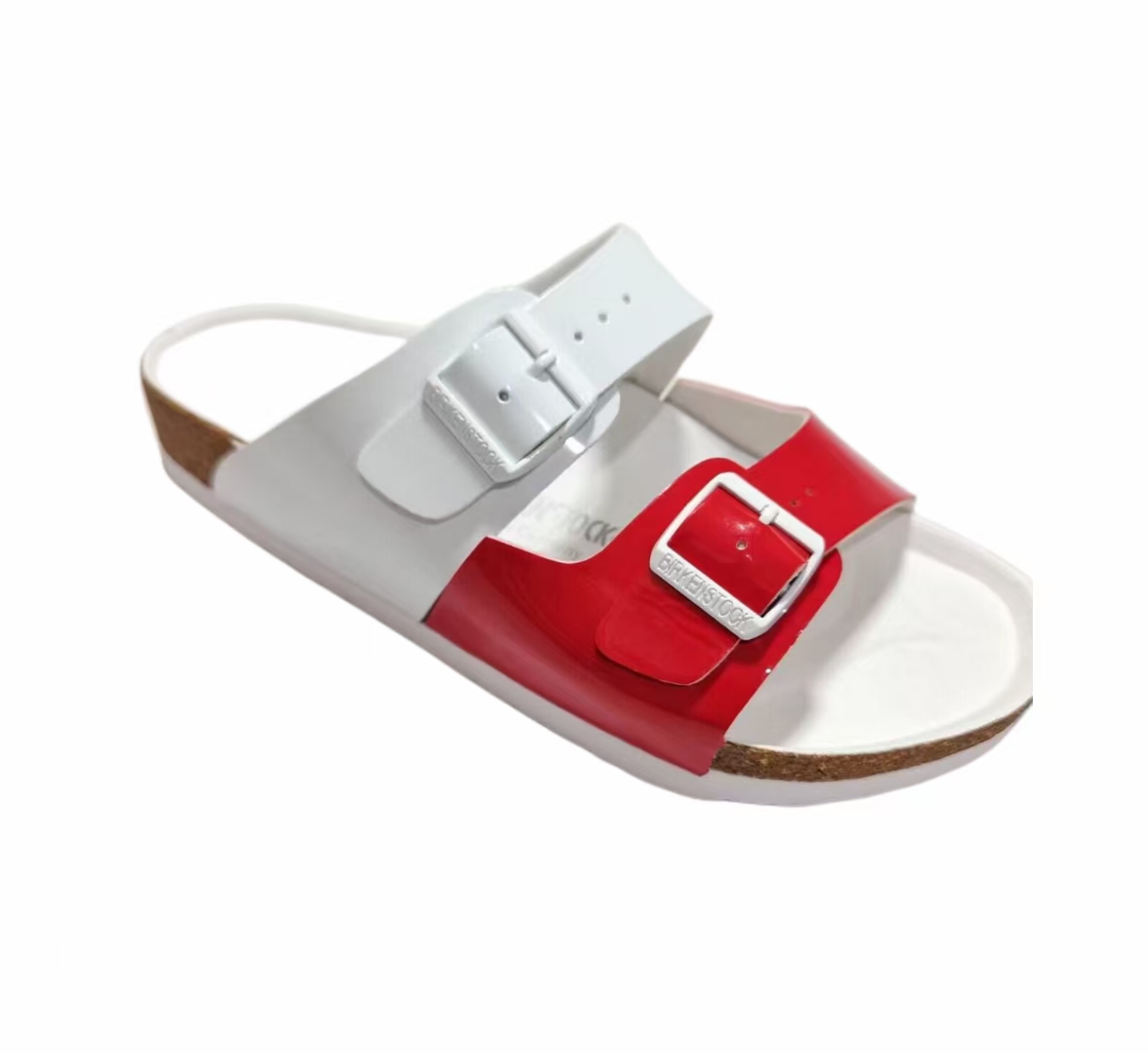 Birkenstock Two-Button White Red Dual Color Patent Leather Slippers