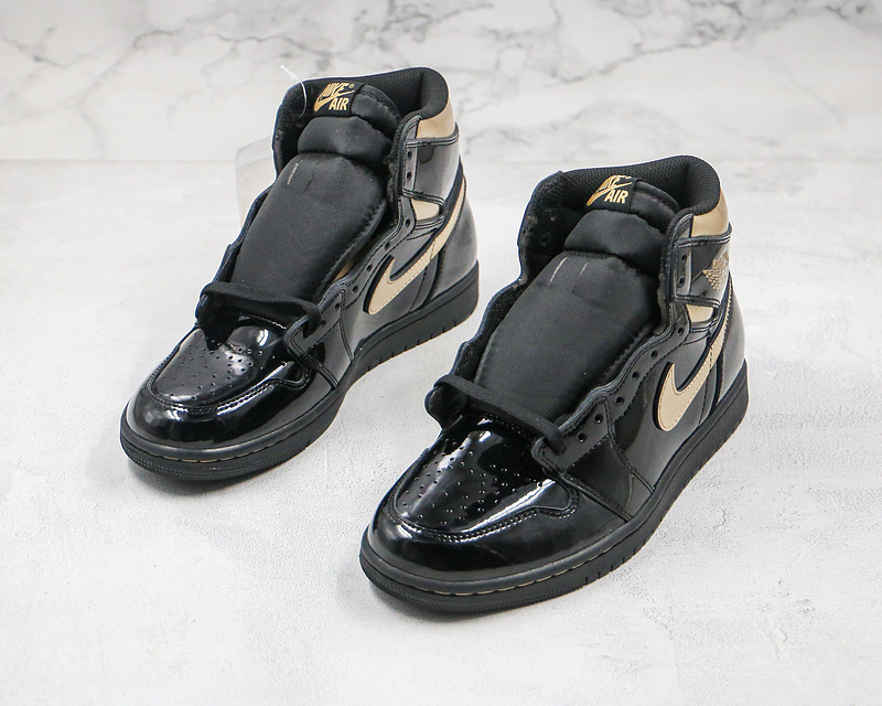 Nike Air Jordan 1 Retro High OG Black Metallic Gold Patent Leather Sneakers