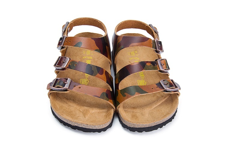 Birkenstock Ellice Three-Button Brown Camouflage Matte Leather Strappy Sandals