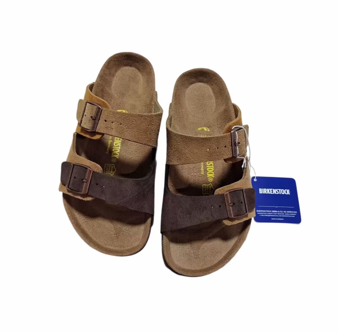 Birkenstock Two-Button Dark Brown/Brown Scrub Leather Slippers