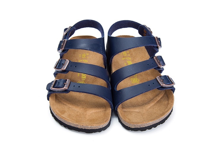 Birkenstock Ellice Three-Button Blue Matte Leather Strappy Sandals