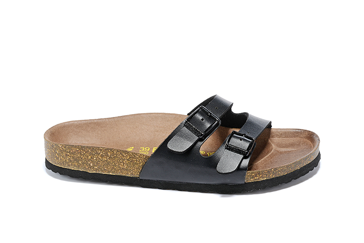 Birkenstock Two Buckle Thin Belt Black Matte Leather Black Sole Slippers