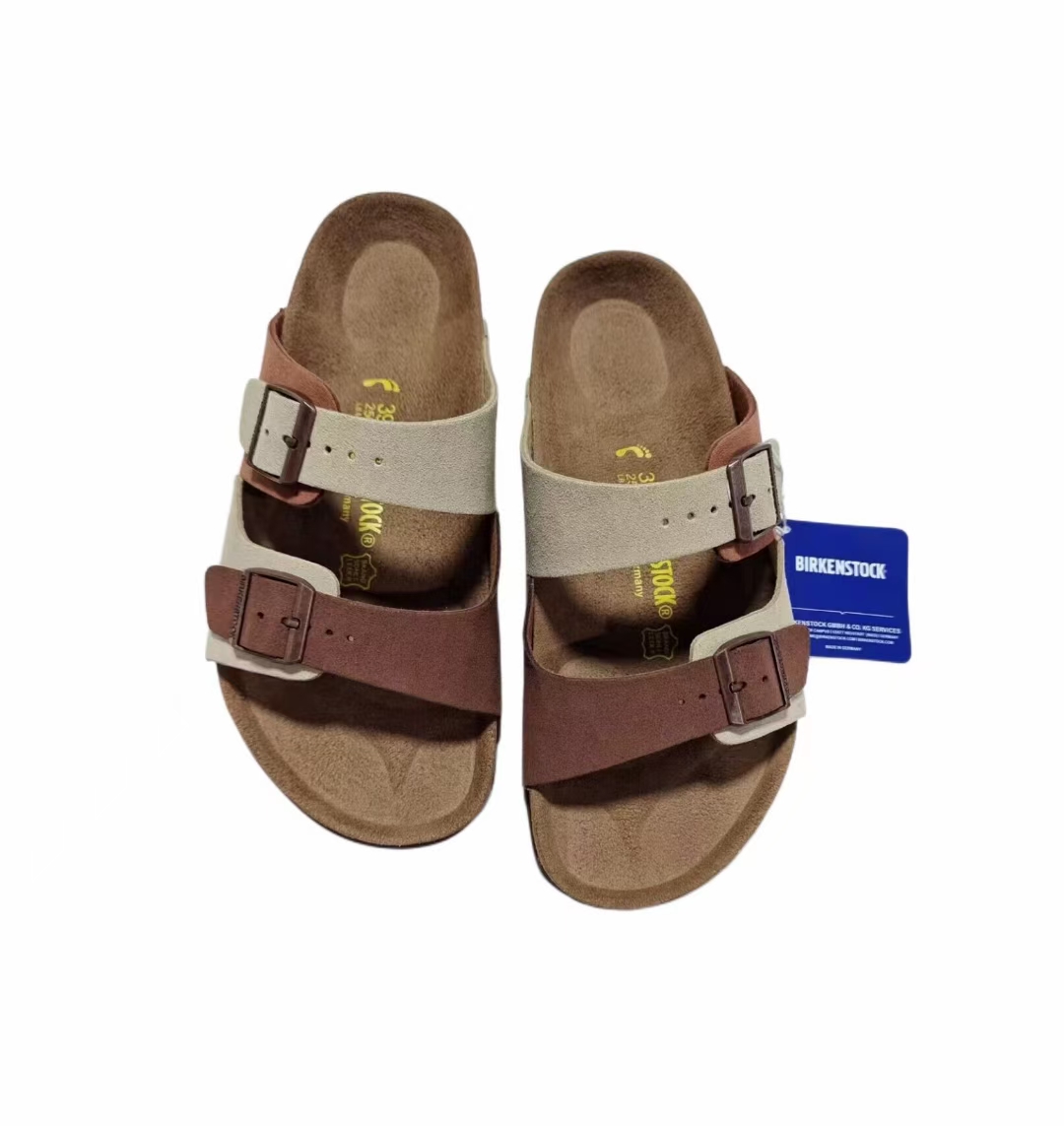Birkenstock Two-Button Cream Brown Dual Color Scrub Leather Slippers