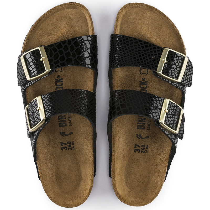 Birkenstock Arizona All Black Snakeskin Double Buckle Leather Sandals