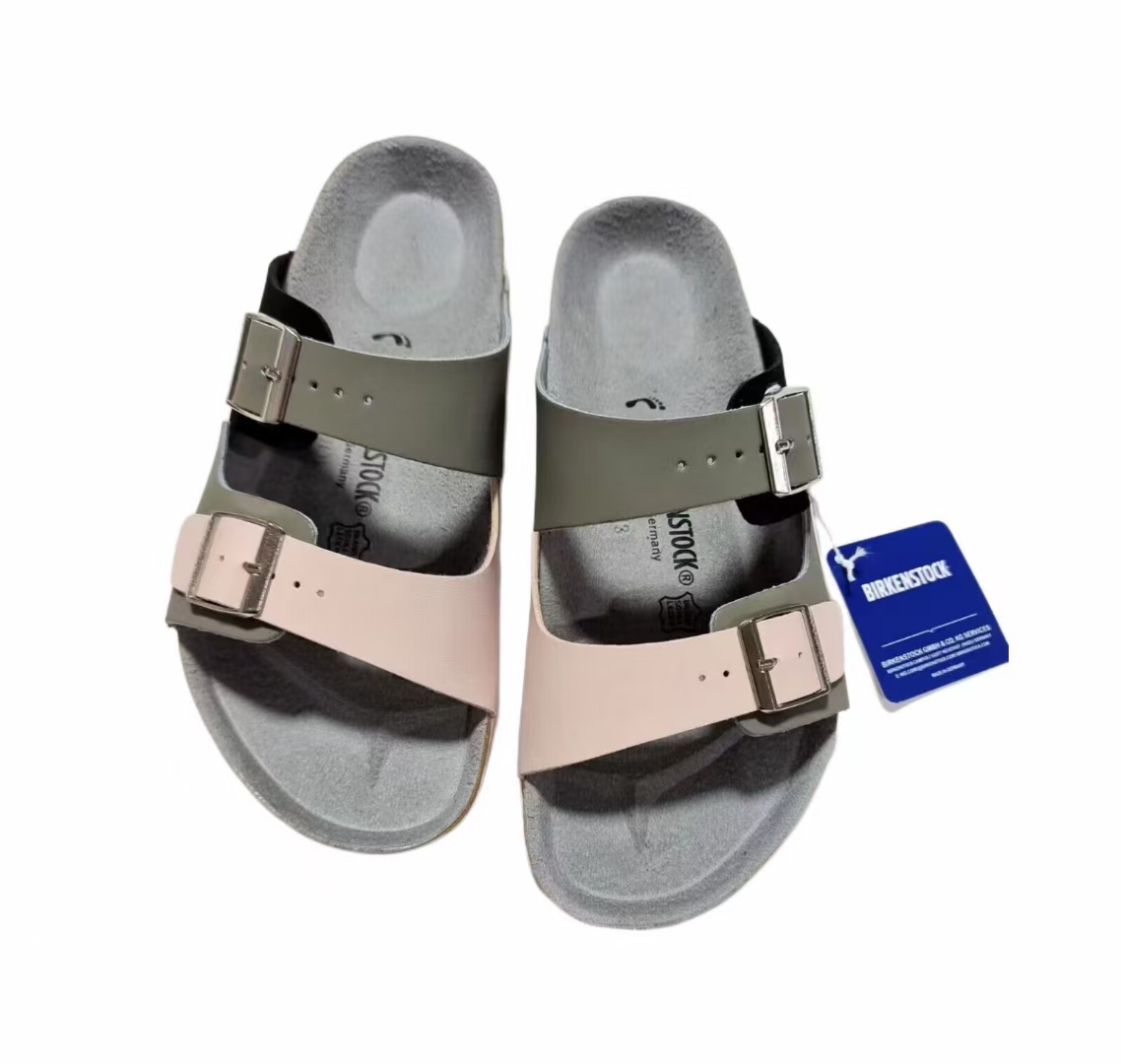 Birkenstock Two-Button Grey Powder Dual Color Scrub Leather Slippers