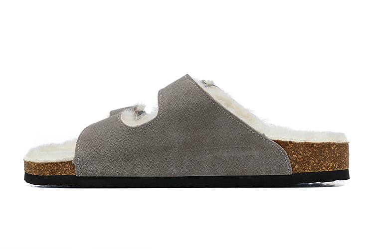 Birkenstock Two-Button Gray Scrub Leather White Fur Lining Slippers