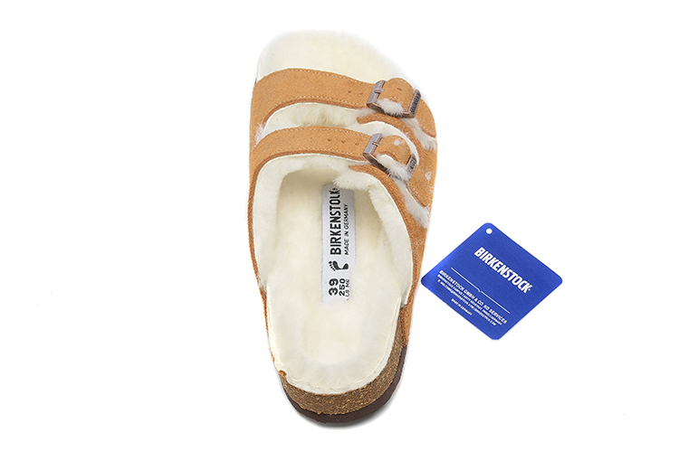 Birkenstock Two-Button Brown Scrub White Fleece Lined Leather Slippers