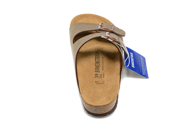 Birkenstock Two-Button Light Brown Scrub Leather Slippers