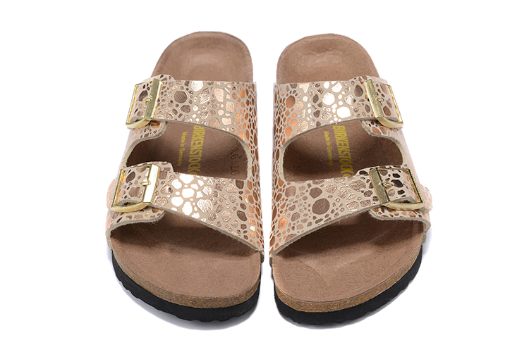 Birkenstock Two-Button Rose Gold Metal Stone Matte Leather Slippers
