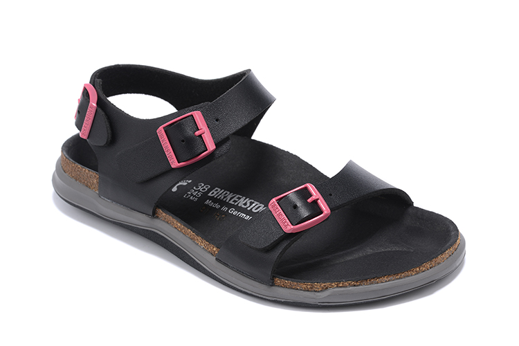 Birkenstock Single Button Pink Button Black Leather Sandals