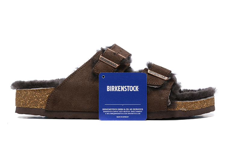 Birkenstock Two-Button Brown Scrub Leather Black Fur Lining Slippers