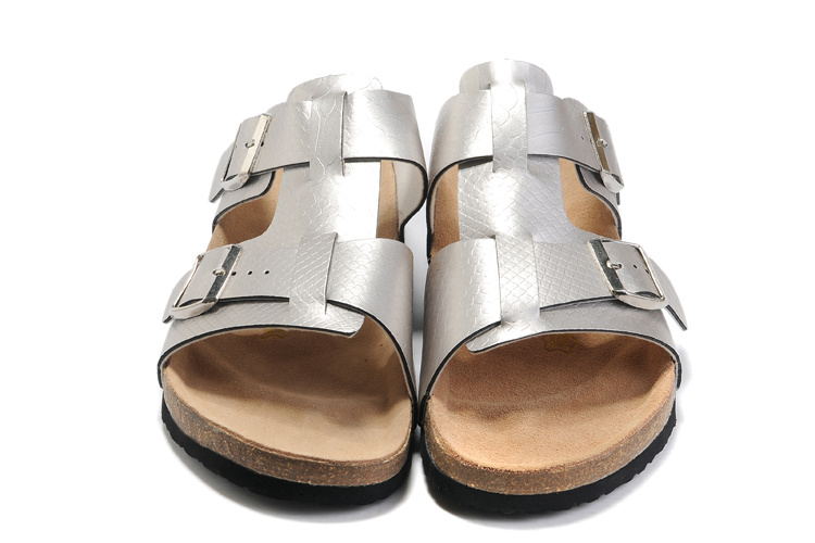 Birkenstock Two-Button Silver Snakeskin Personality Matte Leather Slippers