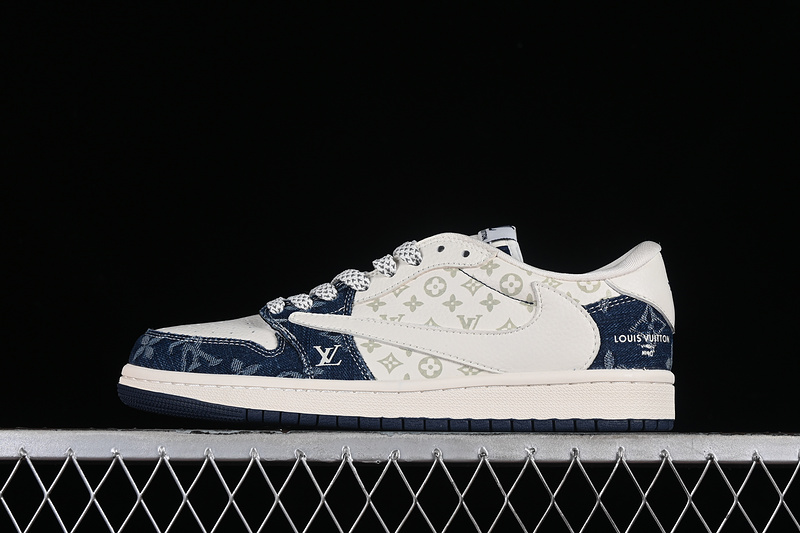 Nike Air Jordan 1 Low Travis Scott Fragment Design OG SP Louis Vuitton White Denim Blue Sneakers