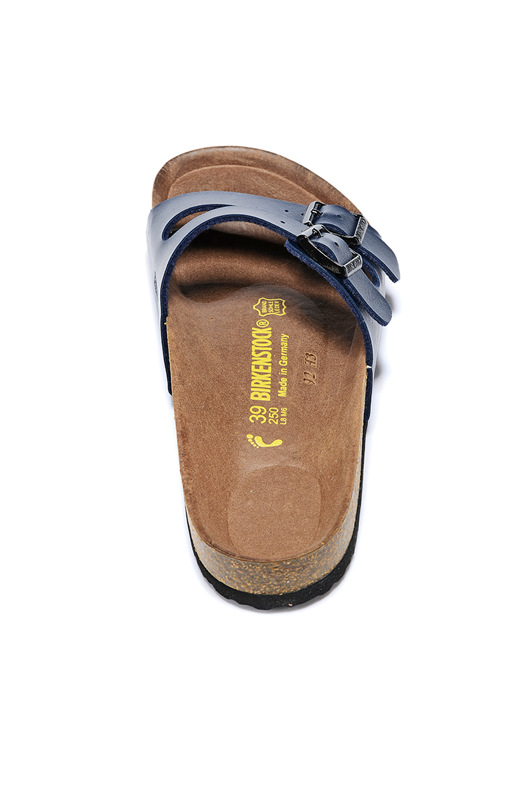 Birkenstock Two Buckle Thin Belt Navy Matte Leather Slippers