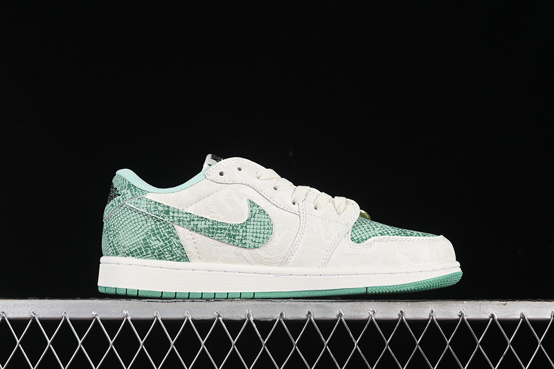 Nike Air Jordan 1 Low OG Grey White Green Snakeskin Grain Sneakers