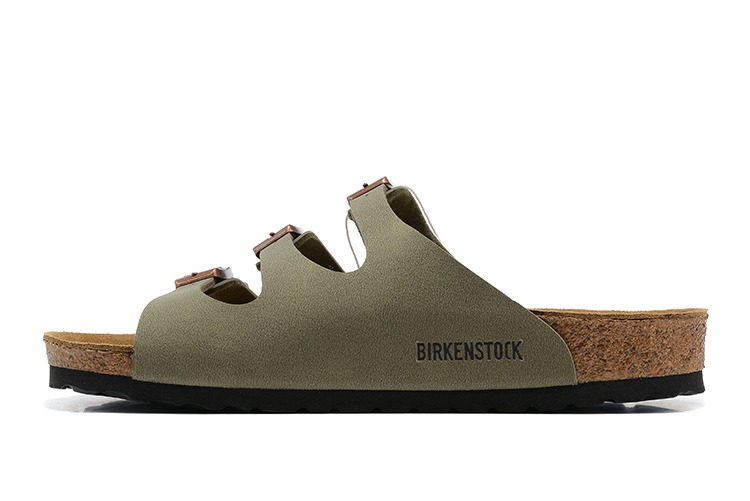 Birkenstock Three-Button Grayish Green Scrub Leather Casual Sandals