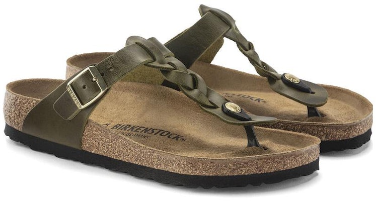 Birkenstock Gizeh Olive Green Braided Oiled Leather Narrow Fit 1024069 Fashion Slippers