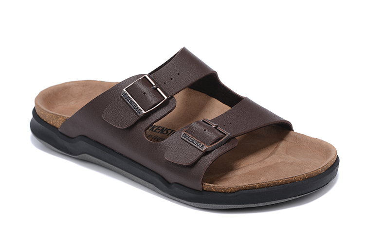 Birkenstock Two-Button Brown Matte Leather Black Sole Casual Slippers